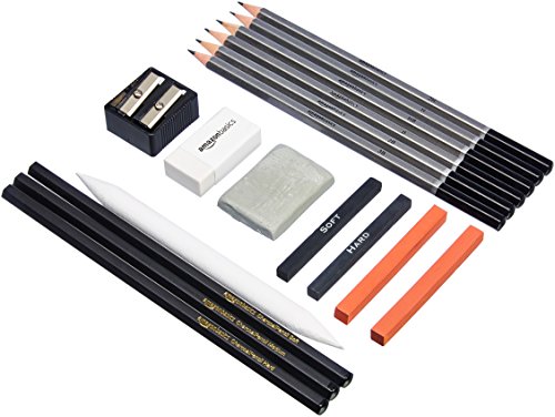 Amazon Basics Sketch and Drawing Art Pencil Kit, 17 Piece Set, Charcoal, Black, White