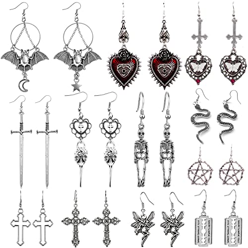 COGU 12 Pairs Gothic Punk Vintage Earrings Set Grunge Goth Punk Rock Harajuku Emo Jewelry Silver Bat Cross Snake Pentagram Sword Razor Blade Skeleton Raven Skull Evil Eye Vampire Death Halloween Earrings for Women Girls with Delicate Gift Box
