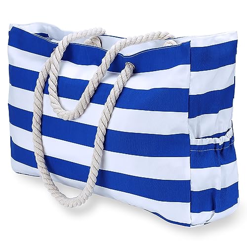 KUAK Extra Large Beach Bag, Waterproof Sandproof Shoulder Tote Bags for Women with Top Zipper, Pockets, Rope Handles for Pool Travel Vacation Weekend