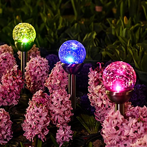 GIGALUMI Solar Lights Outdoor, Christmas Cracked Glass Ball Solar Garden Lights, Color Changing Lights Outdoor,Garden LED Lights for Path, Patio, Yard, 3 Pack Solar Garden Lights Outdoor Pathway