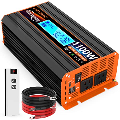 1100 Watt Pure Sine Wave Power Inverter 12V DC to 110V 120V Converter for Family RV Off Grid Solar System Car with Type-C Ports 2 AC Power Outlets Dual USB Ports LCD Display and Remote Control