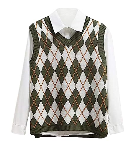 Lailezou Women's V Neck Knit Sweater Vest Argyle Plaid Preppy Style Sleeveless Crop Knitwear Tank Green