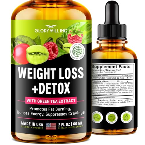 Glory Will Inc Weight Loss Drops Natural Detox Made in USA - Diet Drops for Fat Loss - Effective Appetite Suppressant & Metabolism Booster - 2 Fl Oz (Natural)