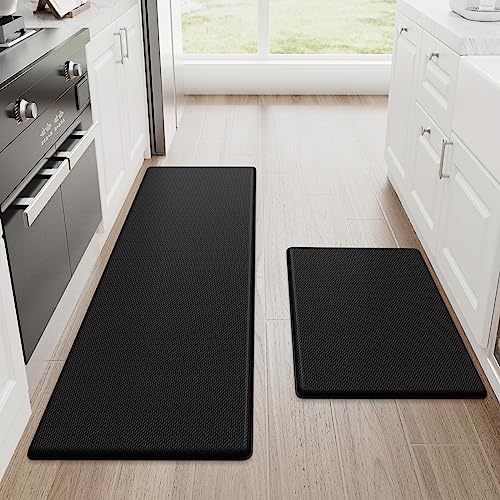 StepRite Kitchen Mats, 2PCS Kitchen Rugs, Cushioned Anti Fatigue Kitchen Mats for Floor, Non-Slip Standing Desk Mat, Waterproof Kitchen Rug Set for Kitchen, Floor, Office,17.3'×30'+17.3'×47',Black
