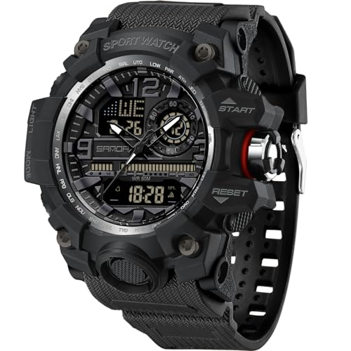 WISHFAN Men’s Military Watch, Dual-Display Waterproof Sports Digital Watch Big Wrist for Men with Alarm (Black)