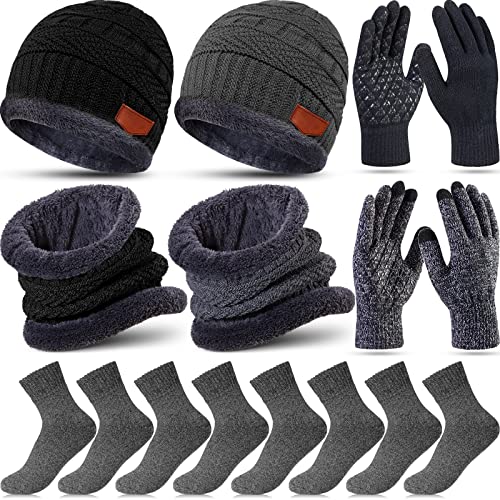 10 Pieces Winter Hat Beanie Scarf Touch Screen Gloves and Sock Set Slouchy Knit Skull Cap Beanies Fleece Lining Neck Warmer (Black, Gray)