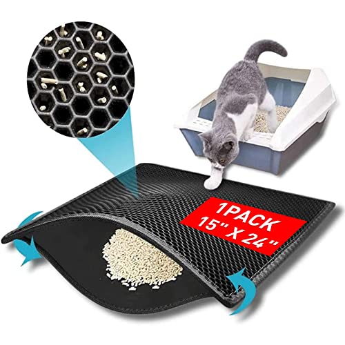 Kaxionage Cat Litter Mat, 15x24 Inch Litter Box Mat,Honeycomb Double Layer Trapping Litter Mat Design,Waterproof Urine Proof Kitty Litter Mat,Easy Clean Scatter Control (Black, Size: 15x24 Inch)