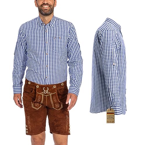 BAVARIA TRACHTEN German Oktoberfest Shirts for Men - Authentic German Lederhosen Shirt Men - Original Bavarian Shirt for Lederhosen Outfit - Checkered Blue - Classic - Size L