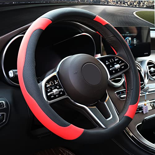 Xizopucy Black and Red Steering Wheel Cover Microfiber Leather Sporty Car Accessories for Men and Women,Breathable Non-Slip Universal Fit 14 1/2-15 Inch