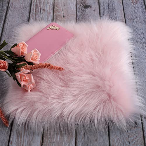 Sibba Faux Fur Area Rugs Chair Pad Protectors 12 inch Mini Square Cover Seat Fuzzy Cushion Carpet Mat Soft Fluffy Rug Couch for Living Bedroom Sofa Nail Art Photography Background Locker Decor (Pink)