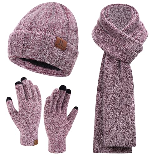 Womens Winter Warm Knit Beanie Hat Touchscreen Gloves Long Neck Scarf Set with Fleece Lined Skull Caps Gifts for Women Men