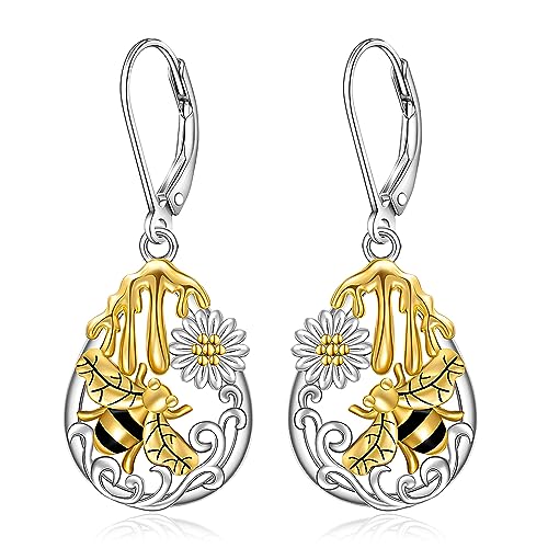 Honey Bee Earrings for Women Sterling Silver Cute Daisy Honey Drop filigree Bumble bee Earrings Dainty Animal Sunflower Christmas Holiday Jewelry Gifts