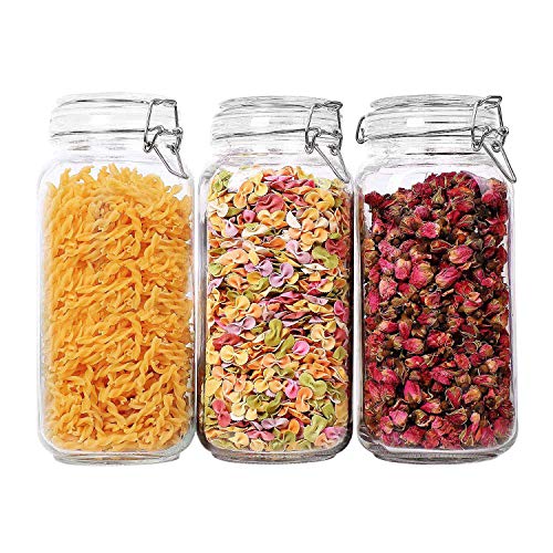 ComSaf Airtight Glass Canister Set of 3 with Lids 78oz Food Storage Jar Square - Storage Container with Clear Preserving Seal Wire Clip Fastening for Kitchen Canning Flour, Cereal, Pasta, Sugar, Beans