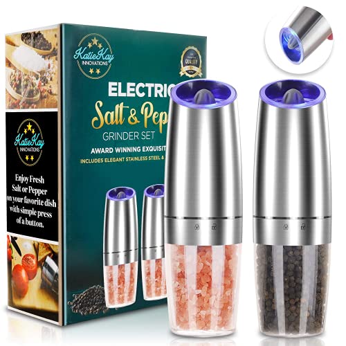 Electric Gravity Salt and Pepper Grinder set of 2, Automatic Salt and Pepper Mill Grinder, Adjustable Roughness, Battery Powered, Blue LED Light, Stainless Steel with One Hand Operation (Sliver)