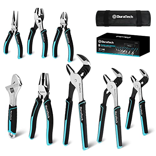 DURATECH 8-Piece Pliers Set with Rolling Pouch, Premium Cr-V/Cr-Ni Construction, (12', 10', 8' Groove Joint Pliers, 8' Adjustable Wrench, 8' Linesman, 6' Long Needle Nose, 6' Slip Joint, 6' Diagonal)