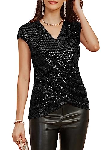 Womens Sparkle Sequin Top Shimmer Glitter Blouse Twist Front V Neck Cap Sleeve Club Cocktail Party Top Black M