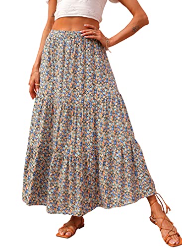 KIRUNDO Women's 2024 Spring Summer High Waist Boho Floral Maxi Skirt Casual Flowy Swing Pleated A Line Beach Long Skirts(Navy, Medium)