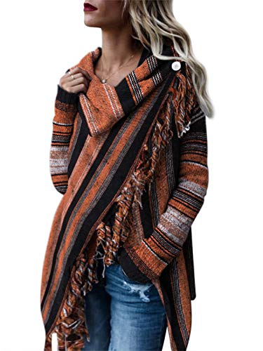 StyleDome Women's Open Front Tassel Cardigan Sweater Poncho Fringe Knit Striped Long Sleeve Loose Outwear Coat Orange Black XXL