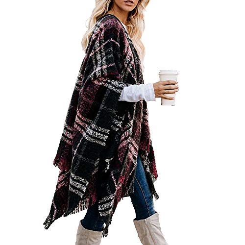 LittleMax Ponchos for Women,Juniors Shawl Wrap Open Front Boho Buffalo Cardigan Oversized Plaid Cape Sweater Knitted Tassel Coat Pashmina Wine Red