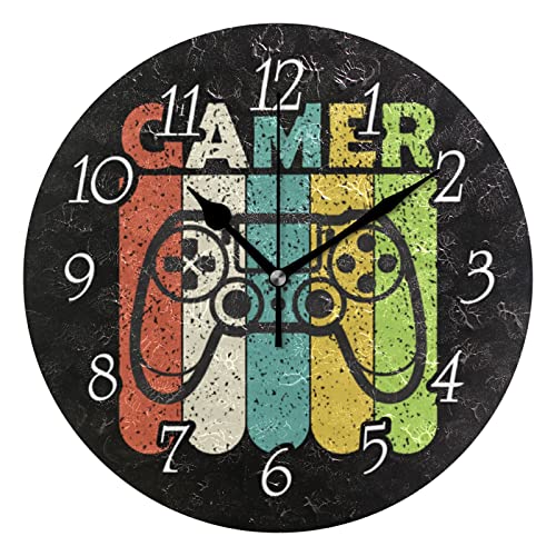 Colorful Joystick Vintage Gamepad with Slogan Gamer on Dark Wall Clock, Silent Non-Ticking Easy to Read Round Decorative Wall Clock with Black Hands for Home Office School 9.5' in Diameter