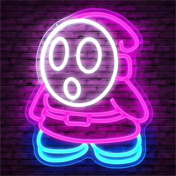 Shy Guy Neon Sign from Mario Gaming Neon Sign Dimmable Ghost Led Neon Light for Bedroom Kids Game Room Man Cave Birthday Halloween Decor Christmas Gift