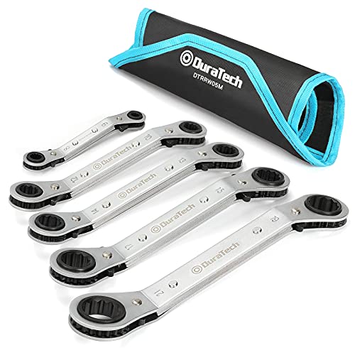 DURATECH 5 Pc Double Offset Box End Reversible Ratcheting Wrench Set Metric, Heavy-duty, Matte Chrome Plated, Ratchet Spanner Crooked for Narrow Spaces (6x8mm, 10x12mm, 13x14mm, 15x17mm, 19x21mm)