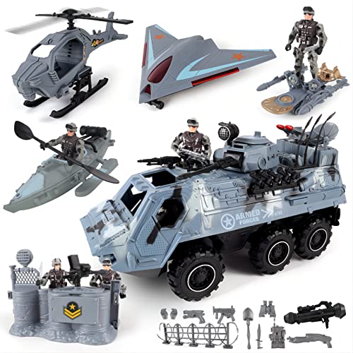 deAO Tank Toy Set Soldier Army Men Action Figures with Military Vehicles Toys Playset,Toy Soldiers with Military Trucks, Helicopter, Boat Toy for Boys,Gift for Birthday Christmas