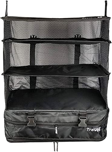 Stow-N-Go Portable Hanging Travel Shelves, Packing Organizer for Luggage. Carry on Closet with Hanger for Clothes. Expandable Packing Cube. Travel Essentials from Grand Fusion. Large, Black