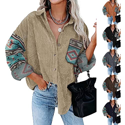 Janepam Women Jacket Shacket Aztec Ethnic Tribal Patchwork Corduroy Raglan Rib Color Block Pocket Button-Down Loose Overshirt(C Khaki,M)