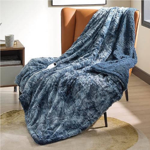 Bedsure Heated Blanket Electric Throw - Faux Fur Sherpa, Fast Heating Electric Blanket with 6 Heating Levels & 4 Time Settings, 3 Hours Auto-Off (50x60 inches, Navy)