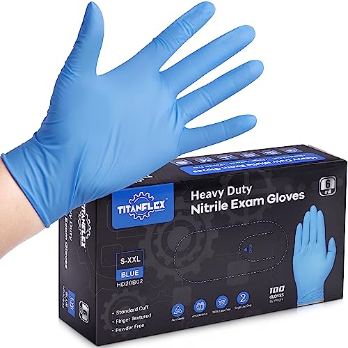 TitanFlex Nitrile Exam Gloves, Blue, 6-mil, Medium, Box of 100, Heavy Duty Nitrile Gloves Disposable Latex Free, Powder Free, Medical Gloves, Cooking Gloves, Mechanic Gloves, Cleaning Gloves