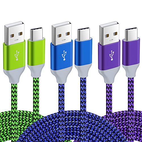 Pofesun USB C Cable 10ft Fast Charging, 3-Pack USB A to USB-C Fast Charger Braided Type C Cable Compatible with Samsung Galaxy S23 S22 S21 S20 A10e A32 Z Flip/Fold 5 4, Note 20 10-Blue,Green,Purple