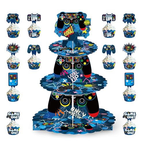 Video Game Party Decorations Cupcake Stand, 3 Tier Blue Cardboard Gamer Gaming Cupcake Holders with 12pcs Cupcake Toppers and 12 Cupcakes Wrappers for Kids Game On Birthday Party Supplies