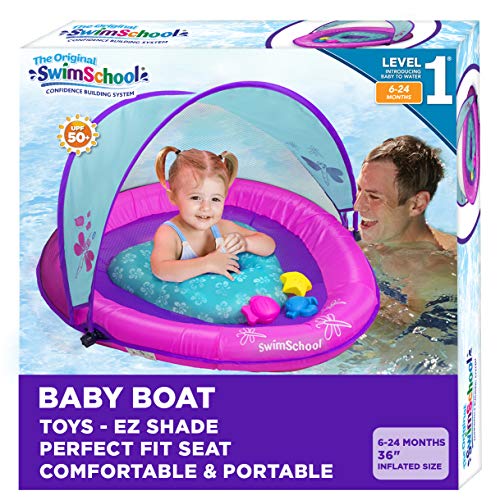 SwimSchool Deluxe Baby Pool Float with Adjustable Canopy - 6-24 Months - Baby Swim Float with Splash & Play Activity Center Safety Seat - Pink/Aqua
