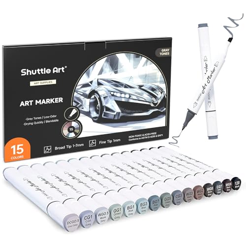 Shuttle Art 15 Colors Grey Tones Dual Tip Art Marker, Permanent Marker Pens Double Ended with Fine Bullet and Chisel Point Tips Perfect for Drawing,Shading,Sketching,Designing,Outlining,Illustrating