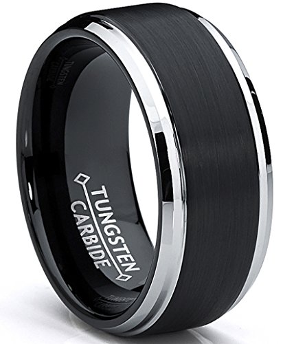 9MM Black Two Tone Tungsten Carbide Men's Brushed Wedding Band Ring, Comfort Fit Size 10.5