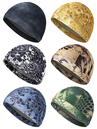 SATINIOR 6 Pieces Cooling Skull Caps for Men Helmet Liner Sweat Wicking Cap Wicking Beanies Hat Liner for Cycling Running (Vivid Pattern)