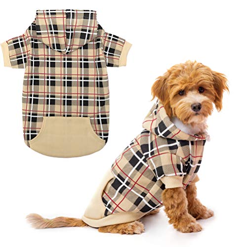 EXPAWLORER Plaid Dog Hoodie - British Style Soft and Warm Dog Sweater with Leash Hole, Hooded Cold Weather Clothes, Dog Sweatshirt, Outfits, Winter Coat for Small Medium Large Dogs