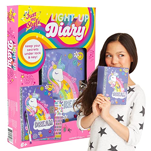 Just My Style Light Up Diary, Personalized Journal With Lock and Key, Great Gift For Girls & Tweens, Perfect for Summer Camp or Sleep-Away Camp, Gel Pen Diary For Kids Ages 6, 7, 8, 9(Packaging May Vary)