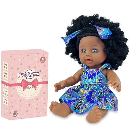 Nice2you Black Baby Doll for Girl, 10 inch African American Black Doll with Dress, Reborn Realistic Baby Doll for Kids Aged 1 2 3 4 5, Small Silicone Black Doll Toy with Curly Hair for Birthday Gift