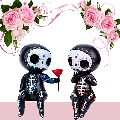 Sugar Skull Decor, Sugar Skull Couple Statue,Dia De Los Muertos Decor, Halloween Desk Decor,Day of The Dead Decorations for Home,Sugar Skull Figurine Gift for Women (A)