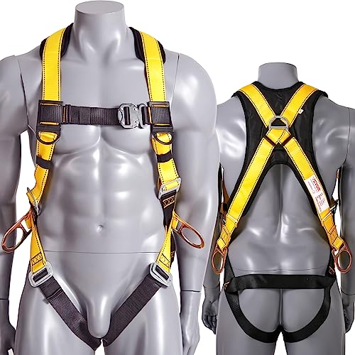 VEVOR Safety Harness, Full Body Harness, Safety Harness Fall Protection with Added Padding on Shoulder Back, and Side Rings and Dorsal D-Rings and a Lanyard, ANSI/ASSE Z359.11, 340 lbs Max Weight