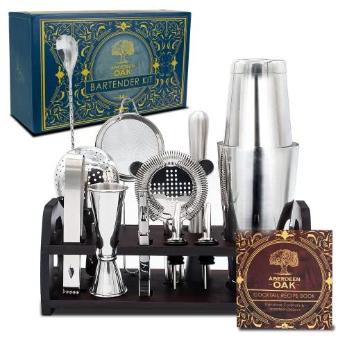 Aberdeen Oak Mixology Bartender Kit - Extra Thick Stainless Steel Cocktail Shaker Set for Mixing - Includes XL Boston Shaker & Premium Bamboo Stand - Professional Bar Tools for The Home Mixologist