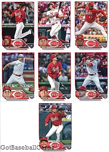 2023 Topps Series 2 Cincinnati Reds Team Set of 14 Cards: Will Benson(#339), Nick Senzel(#345), Alexis Díaz(#369), Nick Lodolo(#406), Kevin Newman(#463), Spencer Steer(#489), Wil Myers(#506), Mike Moustakas(#539), TJ Friedl(#558), Jonathan India(#594), Cincinnati Reds(#610), Hunter Strickland(#652), Michael Siani(#654), Jake Fraley(#657) - GotBaseballCards