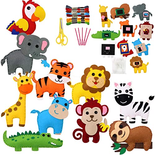 Jungle Animals Sewing Craft Kit for Kids Craft for Girls and Boys Sewing Stuffed Animal Felt Plush Ornaments for Beginners Set of 10