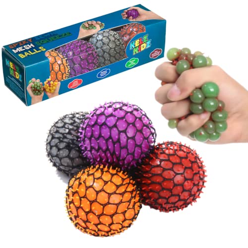 KELZ KIDZ Quality & Durable Medium (2.5 Inch) Spiky Mesh Squishy Balls with Exclusive Sewn Mesh! (Multi, 4 Pack)