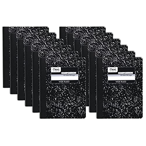 Mead Composition Notebooks, 12 Pack, Wide Ruled Paper, 9-3/4' x 7-1/2', 100 Sheets per Comp Book, Black Marble (72936)