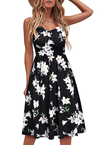 YATHON Casual Dresses for Women Sleeveless Cotton Summer Beach Dress A Line Spaghetti Strap Sundresses with Pockets (M, YT090-Black Floral 01)