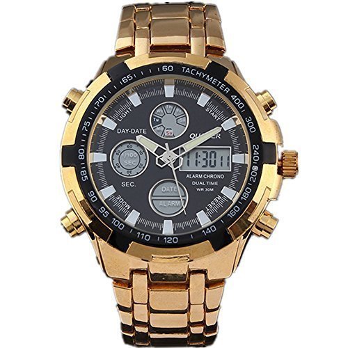 QUAMER 165 Quartz Sport Muti-Functional Wrist Watch with Analog&Digital Time Display (Gold+Black)