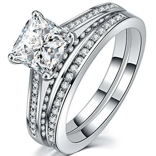 FENDINA Womens Luxurious 18k White Gold Plated Wedding Engagement Bands Princess Cut CZ Crystal Solitaire Anniversary Promise Rings Set, Size 8